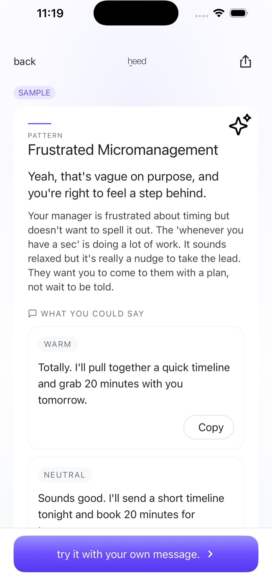 heed decoding a passive aggressive work message into a pattern, plain meaning, and three replies
